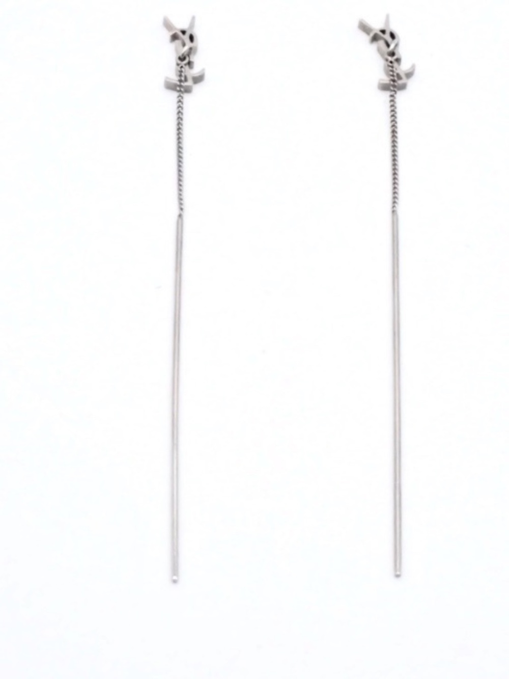 Saint Laurent YSL Silver Tone Logo Threader Drop Earrings